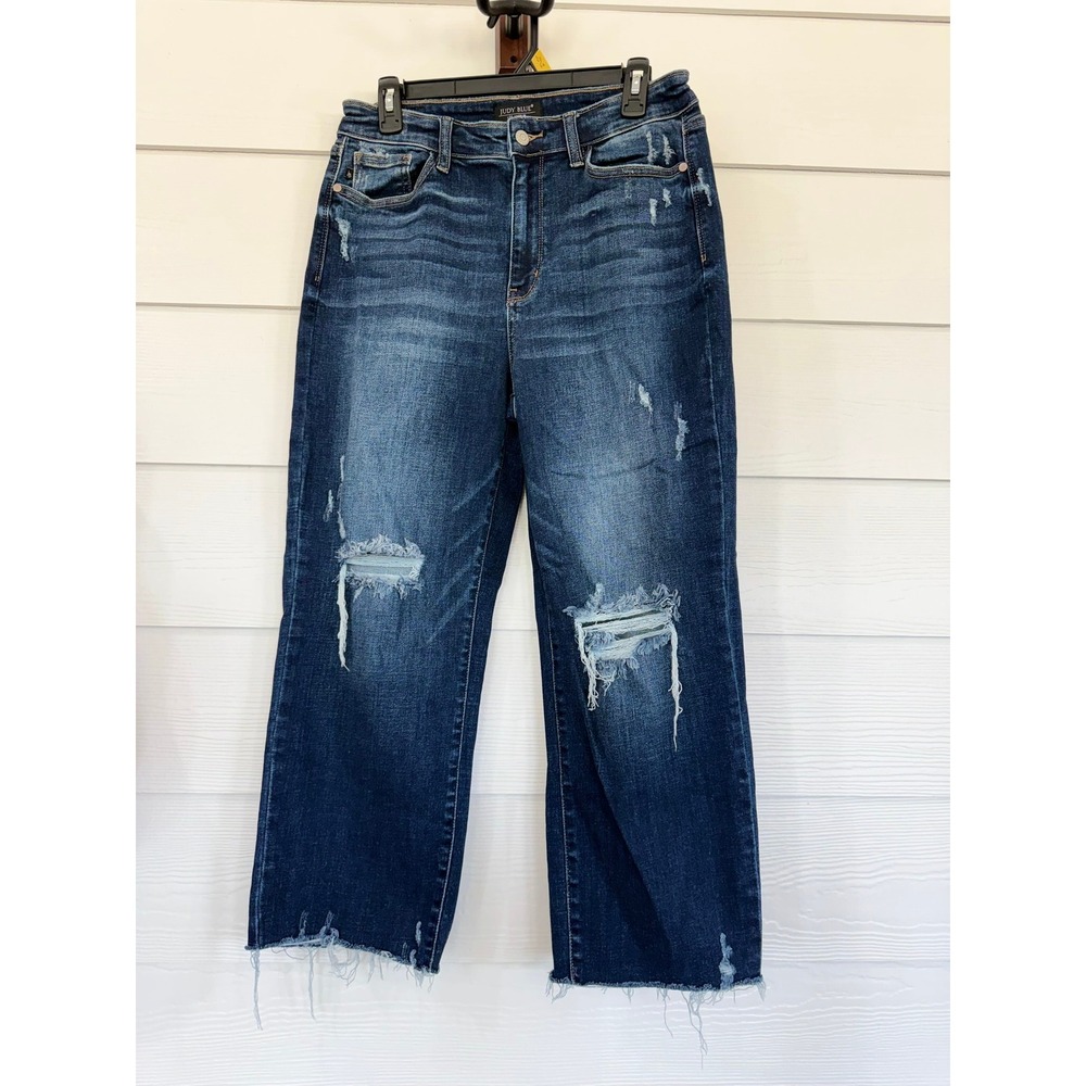 D- 65- Judy Blue High Rise Distressed Wide Leg Jeans Dark Wash Raw Hem  11/30